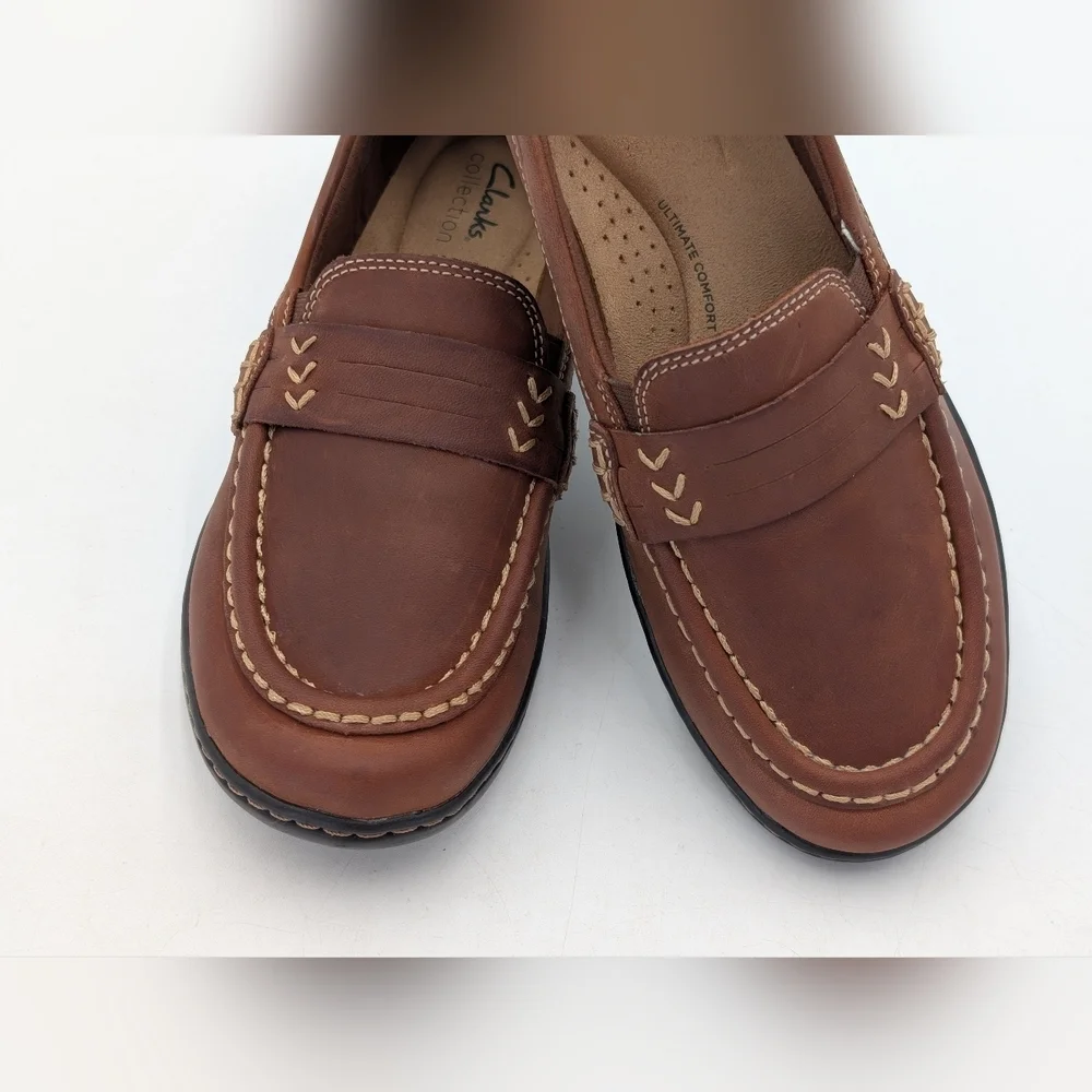 Clarks Cora Ashley Loafer Women's Size 8M Dark Tan Genuine Leather Moccasins
